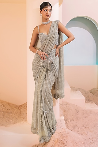 Steel Grey Tulle Pre-Stitched Saree by Esha Sethi Thirani