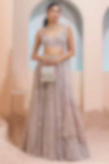 Burnt Pink Tulle Lehenga Set by Esha Sethi Thirani
