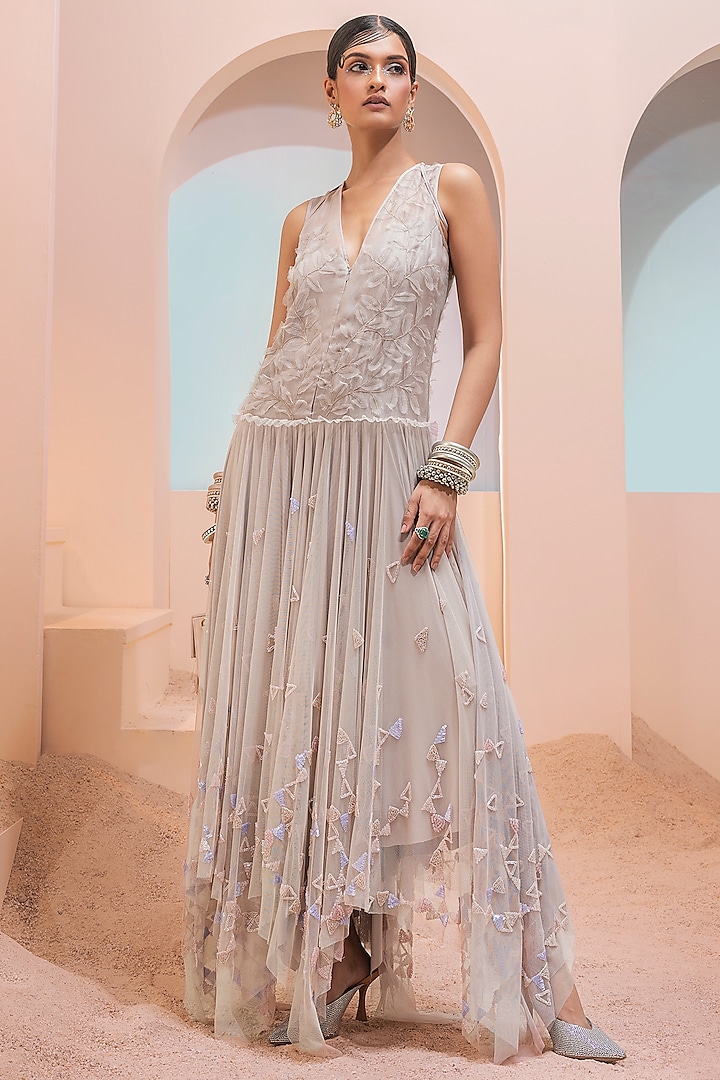 Stone Grey Organza Beadwork Party Wear Dress by Esha Sethi Thirani at Pernia's Pop Up Shop