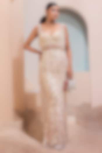 Cream Tulle Pre-Stitched Bridal Saree Set by Esha Sethi Thirani at Pernia's Pop Up Shop