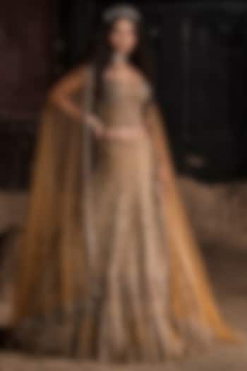 Gold & Nude Organza Embroidered Bridal Lehenga Set by Esha Sethi Thirani at Pernia's Pop Up Shop
