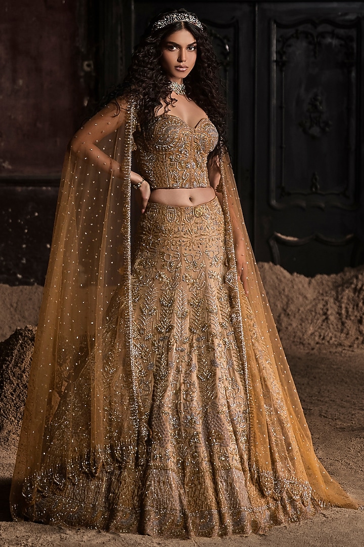 Gold & Nude Organza Embroidered Bridal Lehenga Set by Esha Sethi Thirani at Pernia's Pop Up Shop
