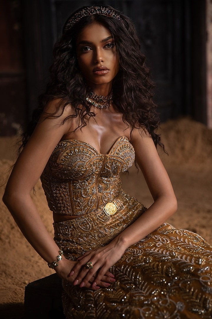 Gold & Nude Organza Embroidered Bridal Lehenga Set by Esha Sethi Thirani at Pernia's Pop Up Shop