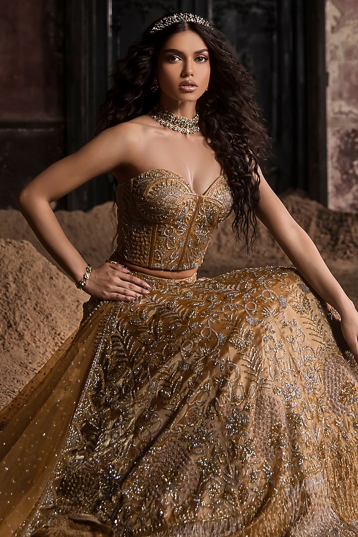 Gold & Nude Organza Embroidered Bridal Lehenga Set by Esha Sethi Thirani at Pernia's Pop Up Shop
