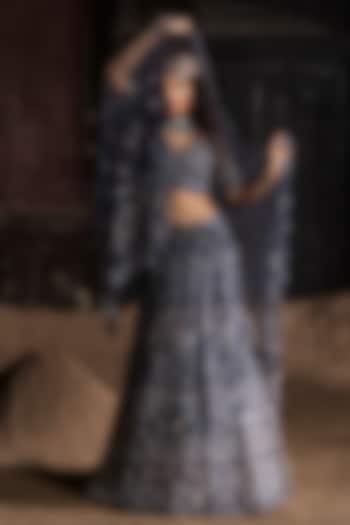 Navy Blue Organza Embroidered Bridal Lehenga Set by Esha Sethi Thirani at Pernia's Pop Up Shop