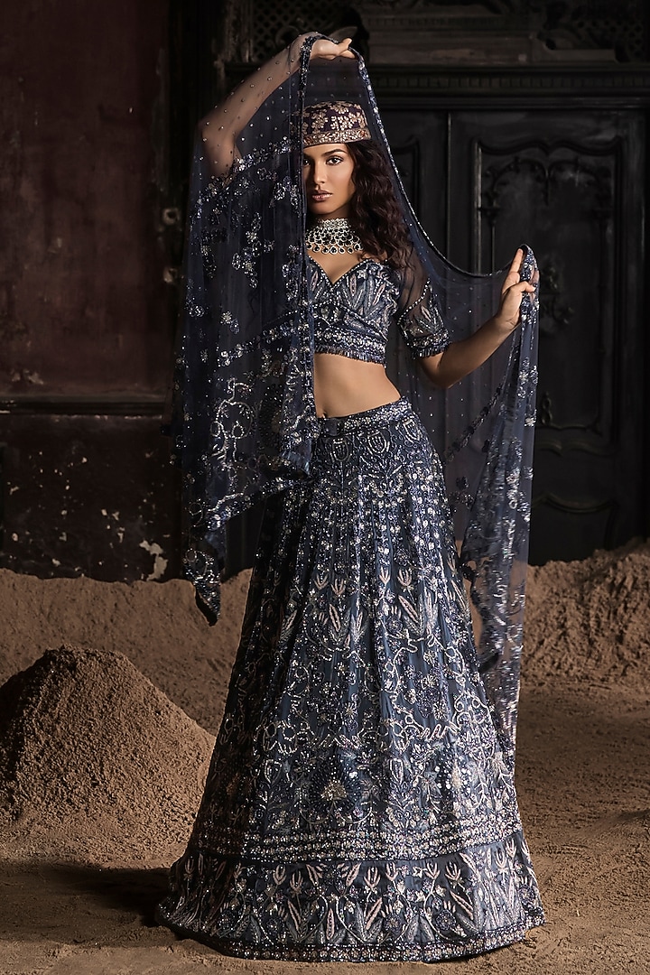 Navy Blue Organza Embroidered Bridal Lehenga Set by Esha Sethi Thirani at Pernia's Pop Up Shop