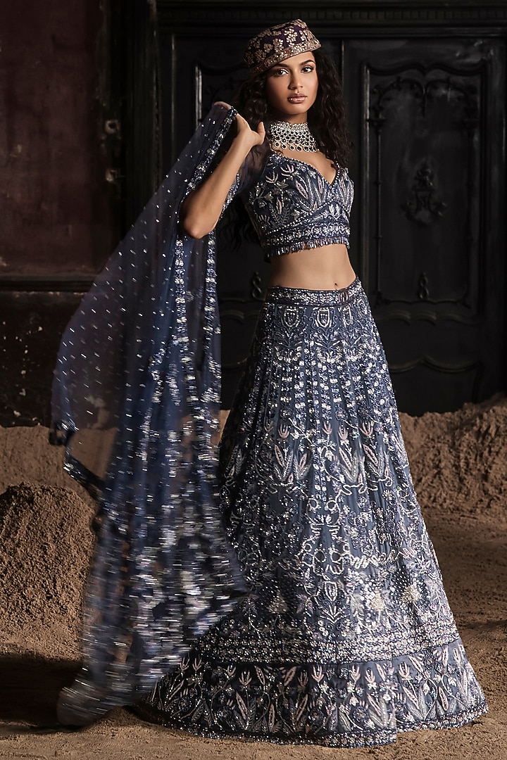 Navy Blue Organza Embroidered Bridal Lehenga Set by Esha Sethi Thirani at Pernia's Pop Up Shop