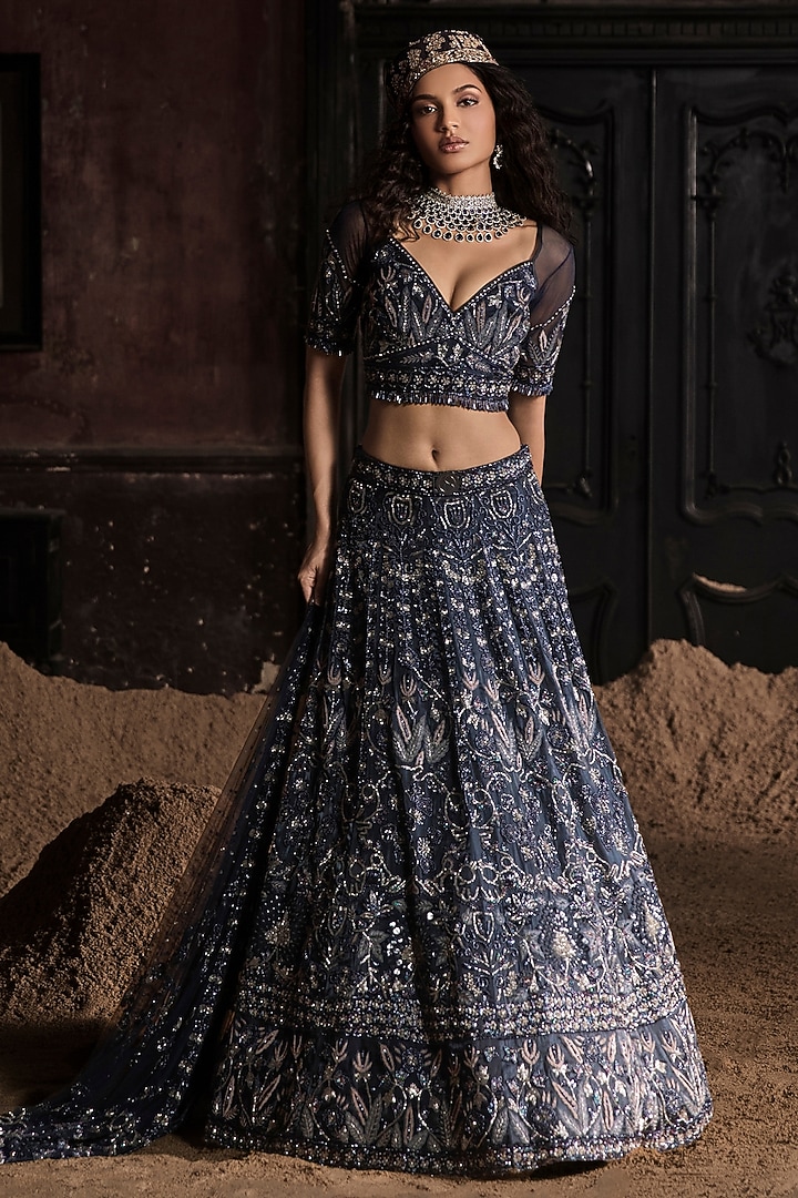 Navy Blue Organza Embroidered Bridal Lehenga Set by Esha Sethi Thirani at Pernia's Pop Up Shop