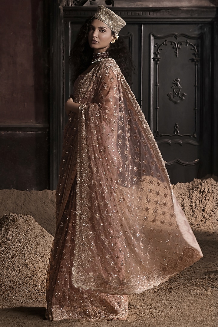 Peach Tulle Crystal Embellished Pre-Stitched Bridal Saree Set by Esha Sethi Thirani at Pernia's Pop Up Shop