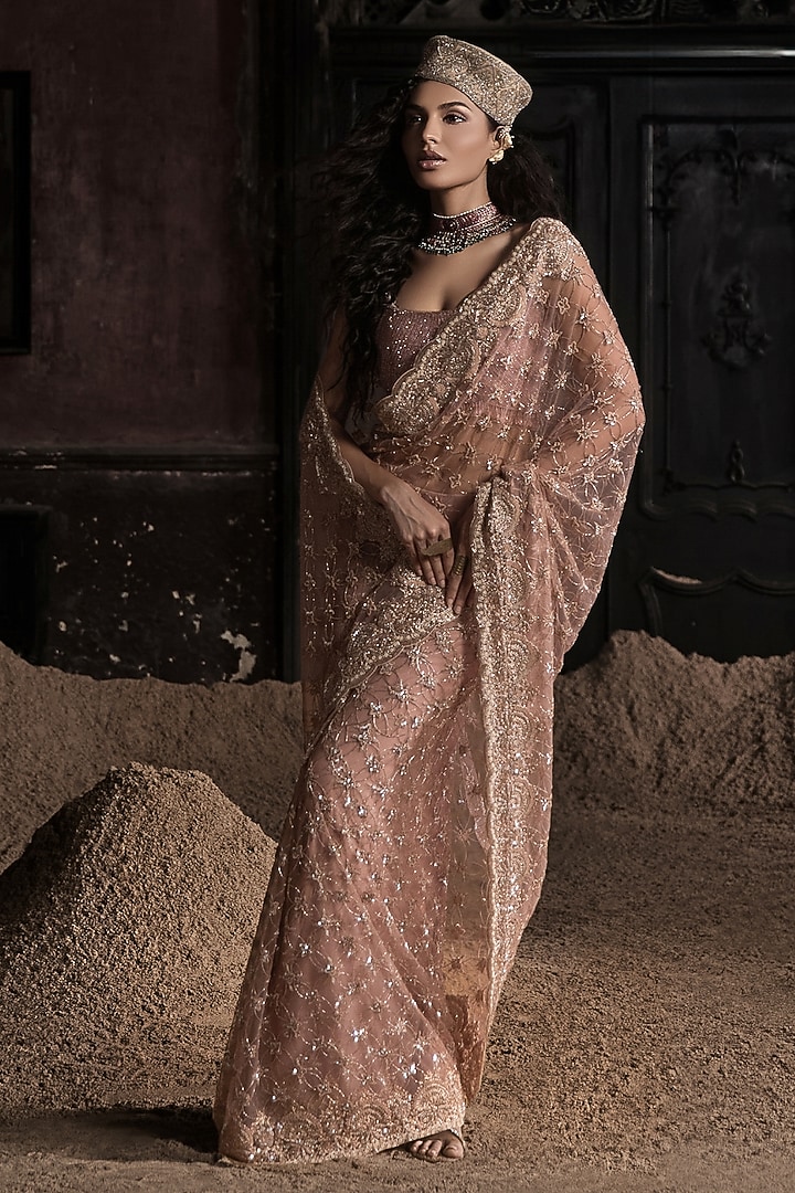 Peach Tulle Crystal Embellished Pre-Stitched Bridal Saree Set by Esha Sethi Thirani at Pernia's Pop Up Shop