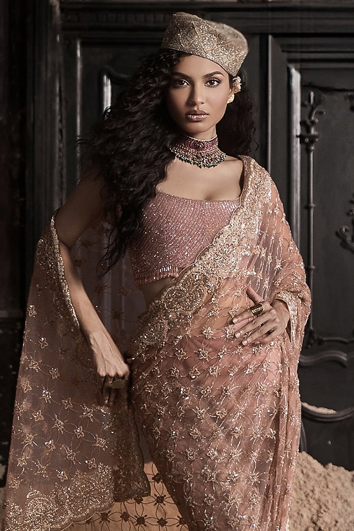 Peach Tulle Crystal Embellished Pre-Stitched Bridal Saree Set by Esha Sethi Thirani at Pernia's Pop Up Shop