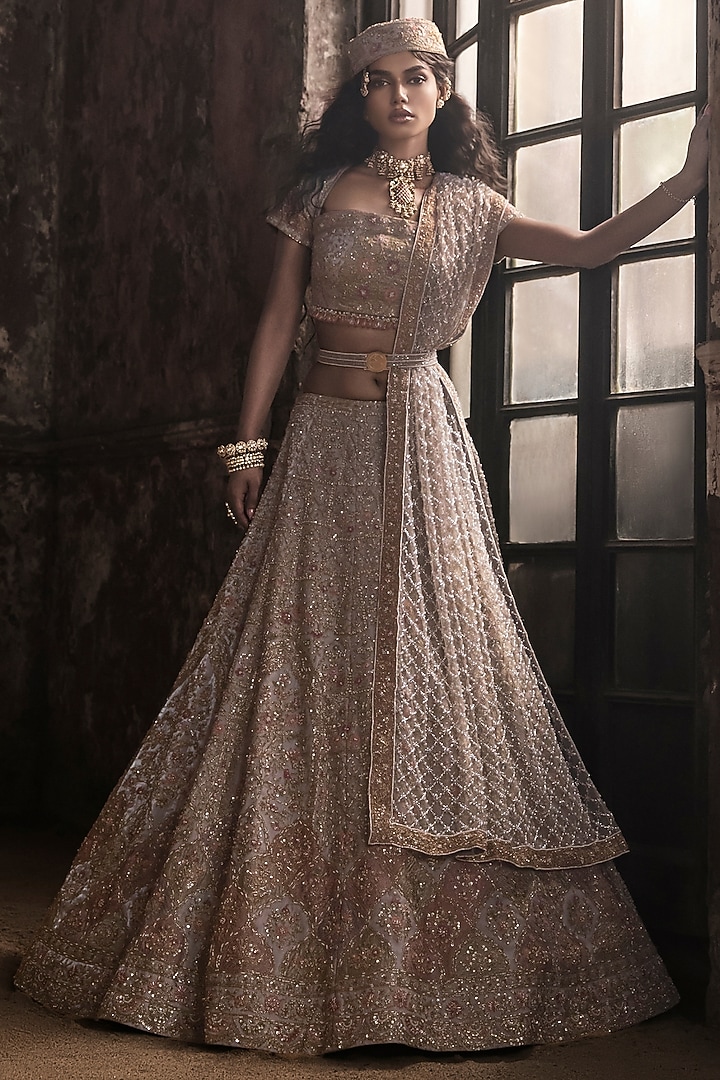 Grey Organza & Tulle Embroidered Bridal Lehenga Set by Esha Sethi Thirani at Pernia's Pop Up Shop