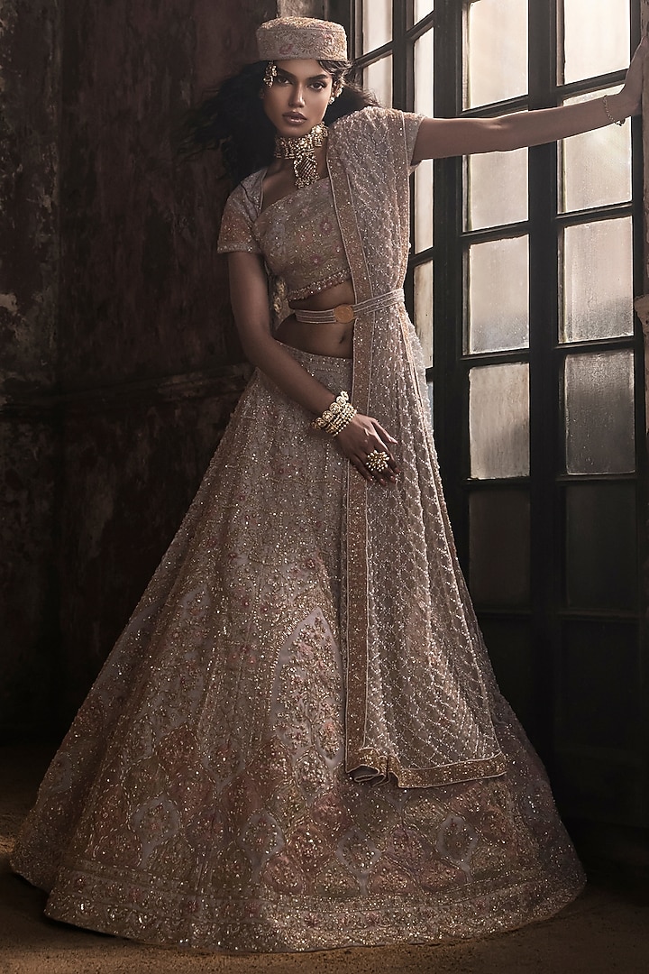 Grey Organza & Tulle Embroidered Bridal Lehenga Set by Esha Sethi Thirani at Pernia's Pop Up Shop