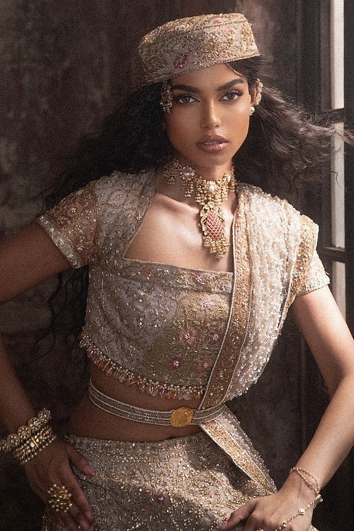 Grey Organza & Tulle Embroidered Bridal Lehenga Set by Esha Sethi Thirani at Pernia's Pop Up Shop