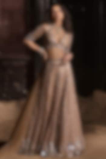 Nude Organza & Tulle 3D Petal Hand Embroidered Bridal Lehenga Set by Esha Sethi Thirani at Pernia's Pop Up Shop