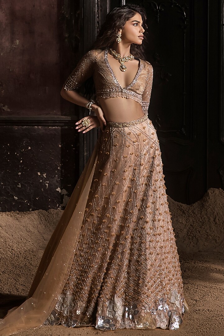 Nude Organza & Tulle 3D Petal Hand Embroidered Bridal Lehenga Set by Esha Sethi Thirani at Pernia's Pop Up Shop