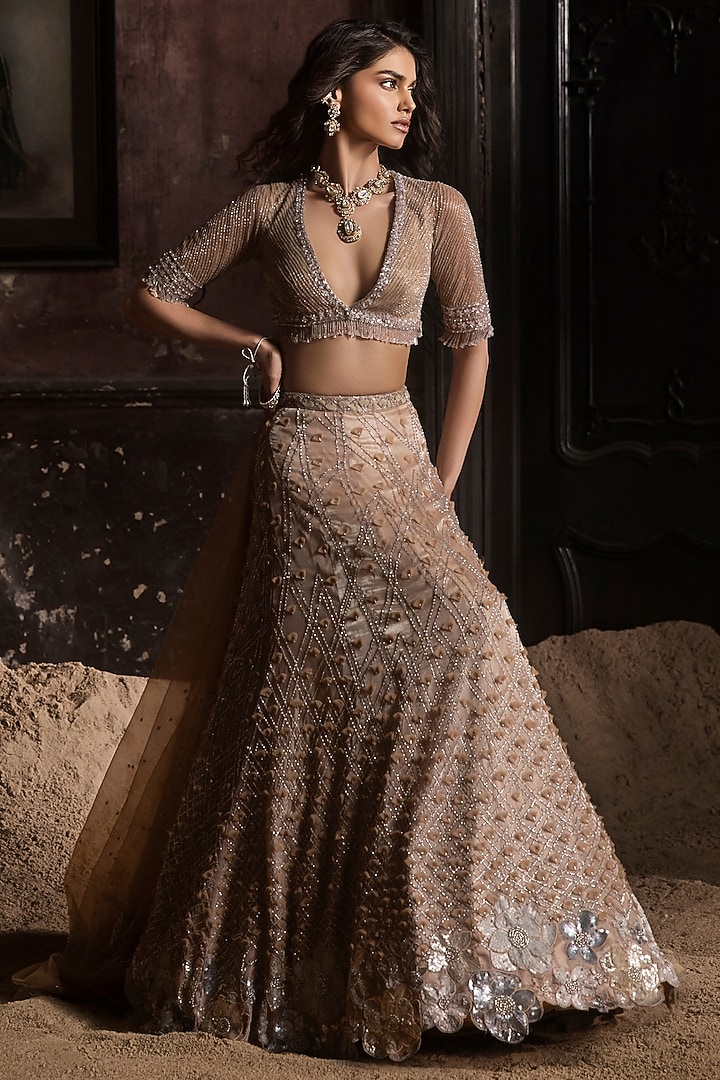 Nude Organza & Tulle 3D Petal Hand Embroidered Bridal Lehenga Set by Esha Sethi Thirani at Pernia's Pop Up Shop