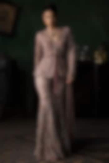 Burnt Pink Tulle 3D Floral Embroidered Bridal Sharara Set by Esha Sethi Thirani at Pernia's Pop Up Shop