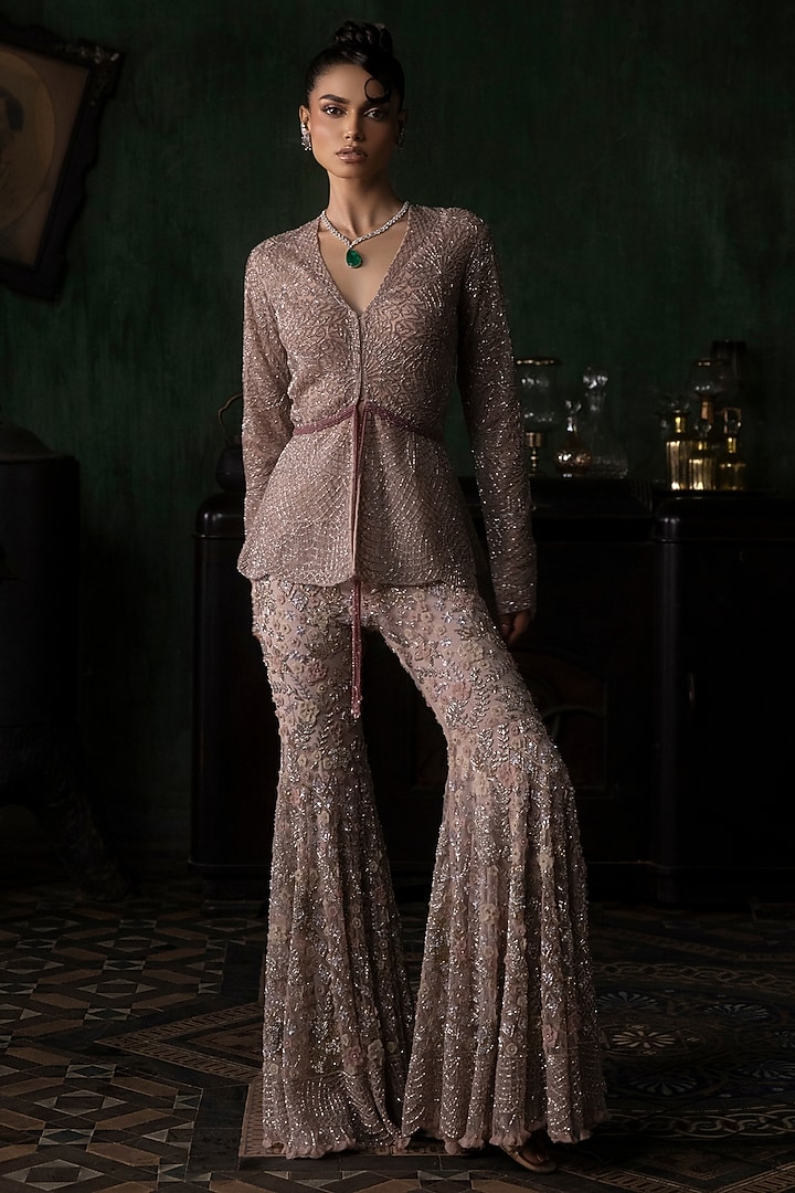 Burnt Pink Tulle 3D Floral Embroidered Bridal Sharara Set by Esha Sethi Thirani at Pernia's Pop Up Shop