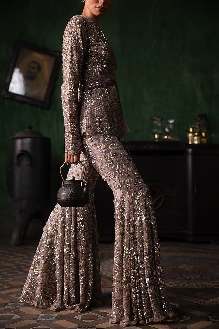 Burnt Pink Tulle 3D Floral Embroidered Bridal Sharara Set by Esha Sethi Thirani at Pernia's Pop Up Shop