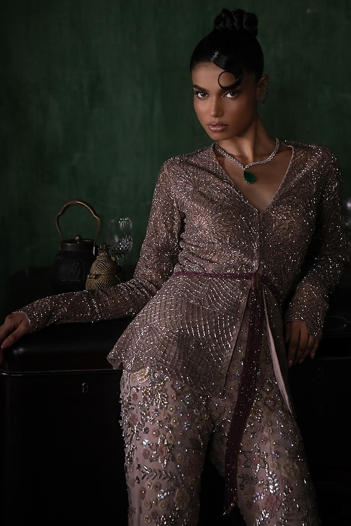 Burnt Pink Tulle 3D Floral Embroidered Bridal Sharara Set by Esha Sethi Thirani at Pernia's Pop Up Shop