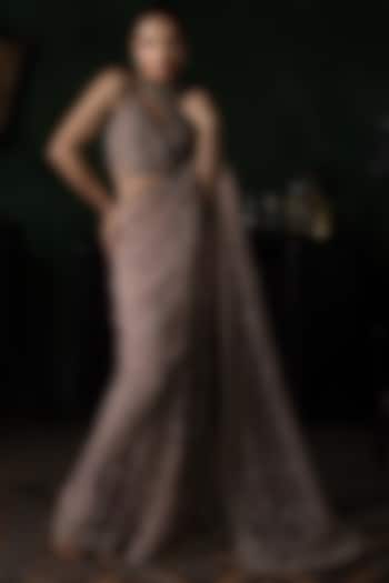 Pale Pink Tulle Embroidered Pre-Stitched Bridal Saree Set by Esha Sethi Thirani at Pernia's Pop Up Shop