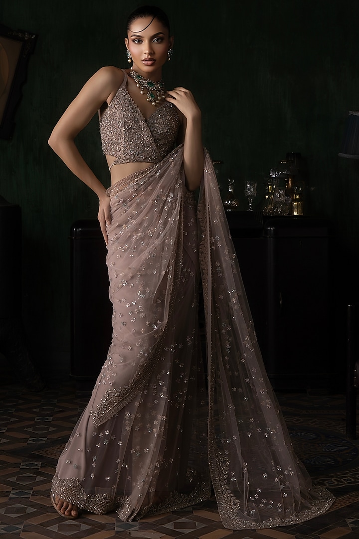 Pale Pink Tulle Embroidered Pre-Stitched Bridal Saree Set by Esha Sethi Thirani at Pernia's Pop Up Shop