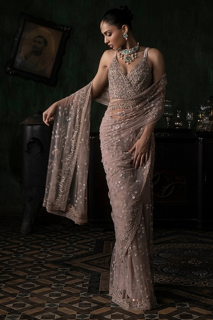Pale Pink Tulle Embroidered Pre-Stitched Bridal Saree Set by Esha Sethi Thirani at Pernia's Pop Up Shop