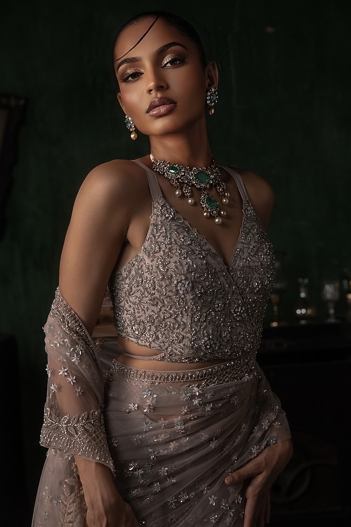 Pale Pink Tulle Embroidered Pre-Stitched Bridal Saree Set by Esha Sethi Thirani at Pernia's Pop Up Shop