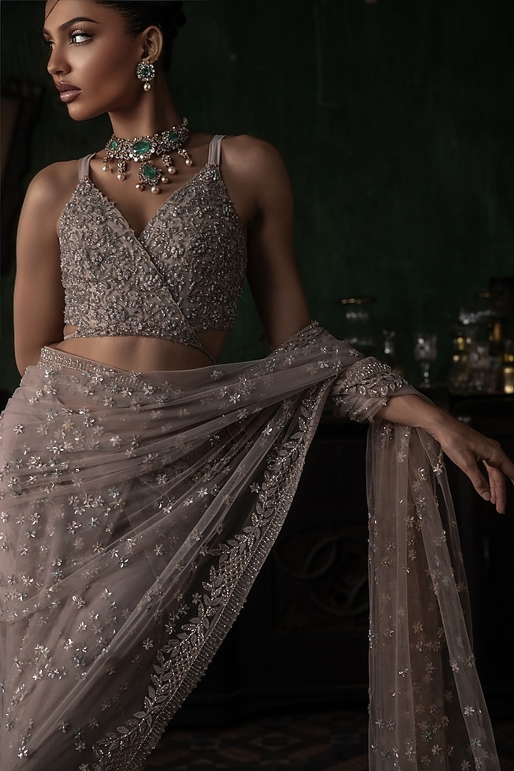Pale Pink Tulle Embroidered Pre-Stitched Bridal Saree Set by Esha Sethi Thirani at Pernia's Pop Up Shop