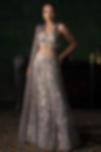 Grey Tissue Applique Embroidered Bridal Lehenga Set by Esha Sethi Thirani at Pernia's Pop Up Shop