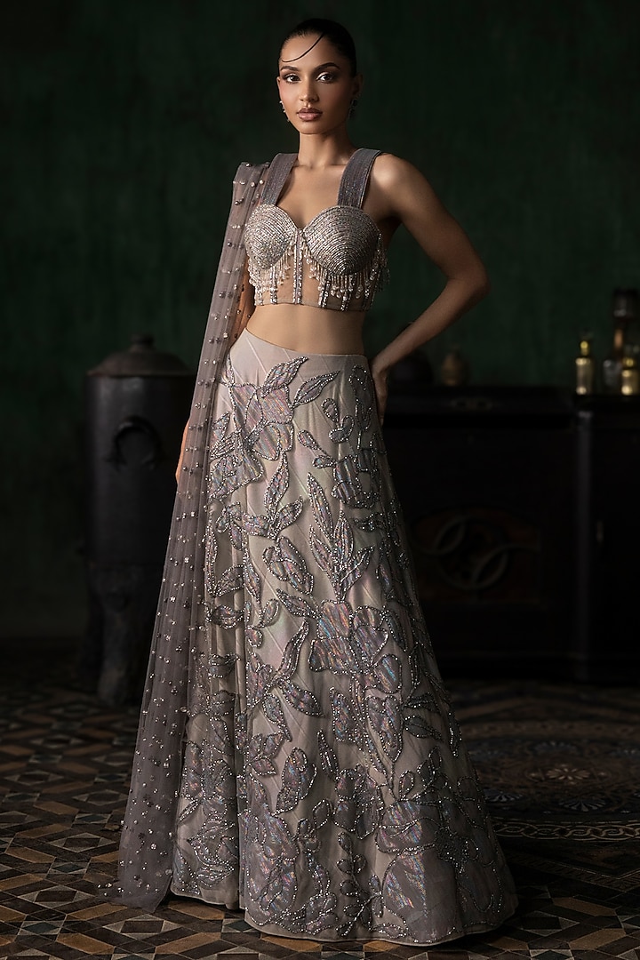 Grey Tissue Applique Embroidered Bridal Lehenga Set by Esha Sethi Thirani at Pernia's Pop Up Shop