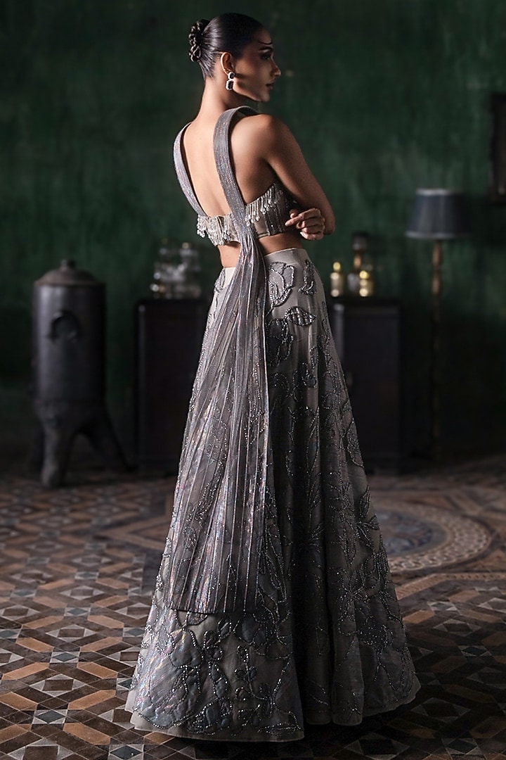Grey Tissue Applique Embroidered Bridal Lehenga Set by Esha Sethi Thirani at Pernia's Pop Up Shop