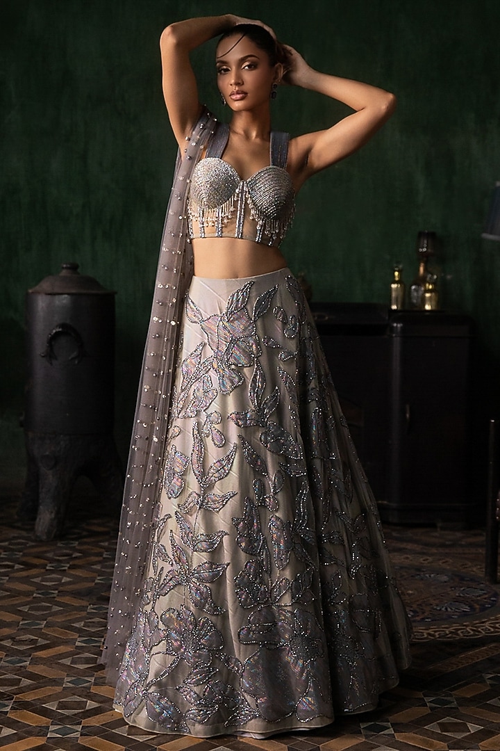 Grey Tissue Applique Embroidered Bridal Lehenga Set by Esha Sethi Thirani at Pernia's Pop Up Shop