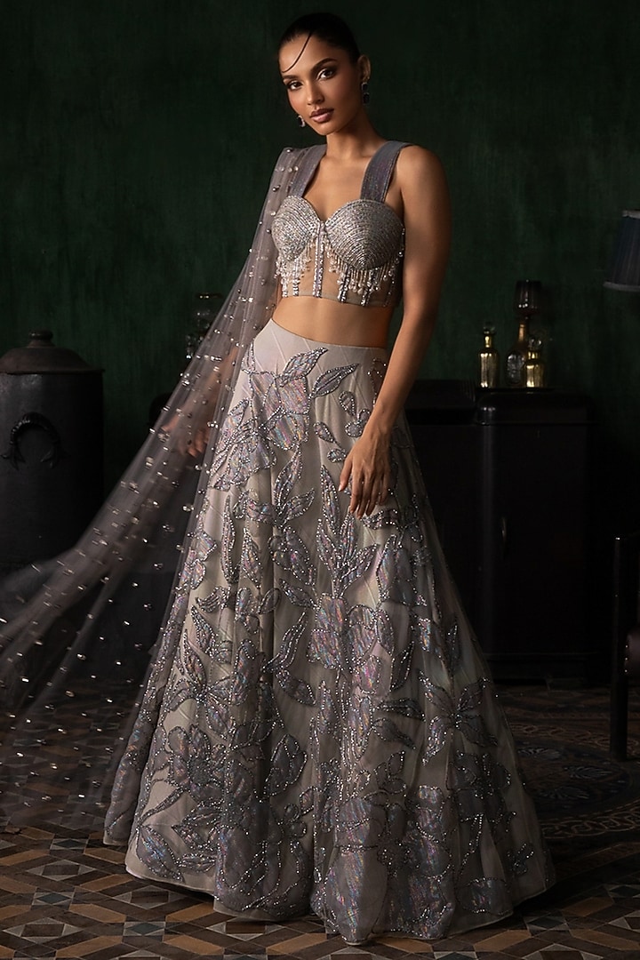 Grey Tissue Applique Embroidered Bridal Lehenga Set by Esha Sethi Thirani at Pernia's Pop Up Shop