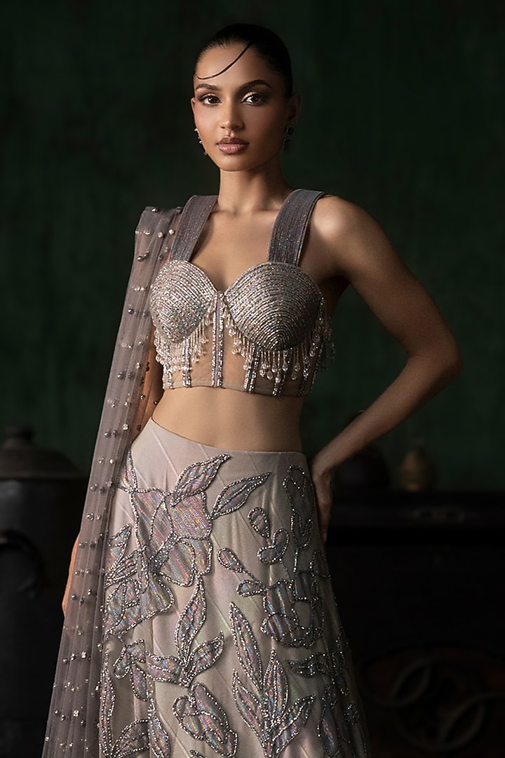 Grey Tissue Applique Embroidered Bridal Lehenga Set by Esha Sethi Thirani at Pernia's Pop Up Shop