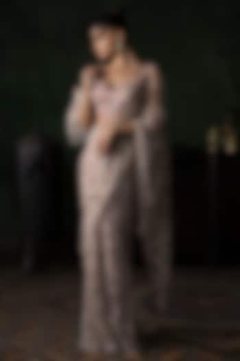 Stone Pink Tulle Sequins & Applique Embroidered Bridal Saree Set by Esha Sethi Thirani at Pernia's Pop Up Shop