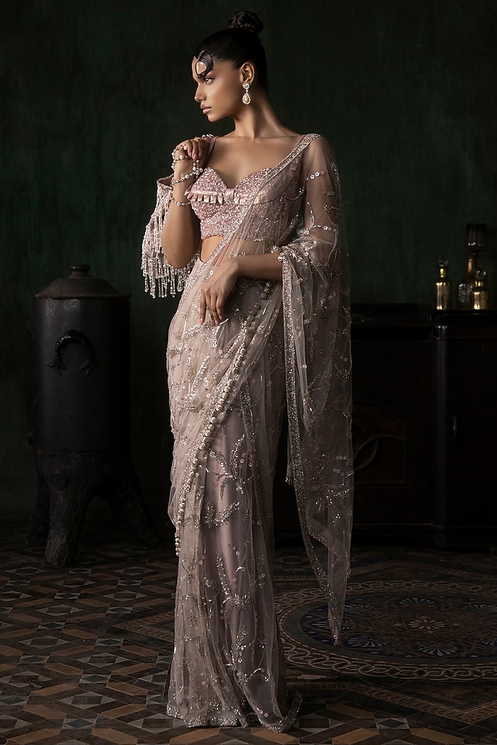Stone Pink Tulle Sequins & Applique Embroidered Bridal Saree Set by Esha Sethi Thirani at Pernia's Pop Up Shop