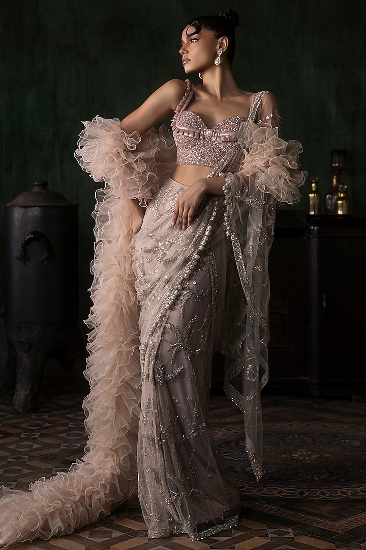 Stone Pink Tulle Sequins & Applique Embroidered Bridal Saree Set by Esha Sethi Thirani at Pernia's Pop Up Shop