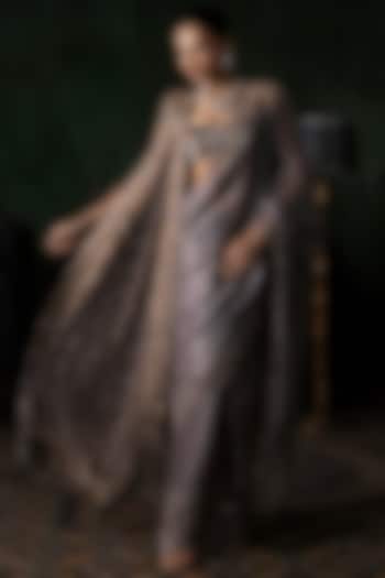 Grey Organza Sequins Embroidered Pant Bridal Saree Set by Esha Sethi Thirani at Pernia's Pop Up Shop
