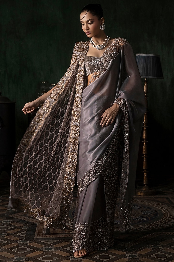 Grey Organza Sequins Embroidered Pant Bridal Saree Set by Esha Sethi Thirani at Pernia's Pop Up Shop