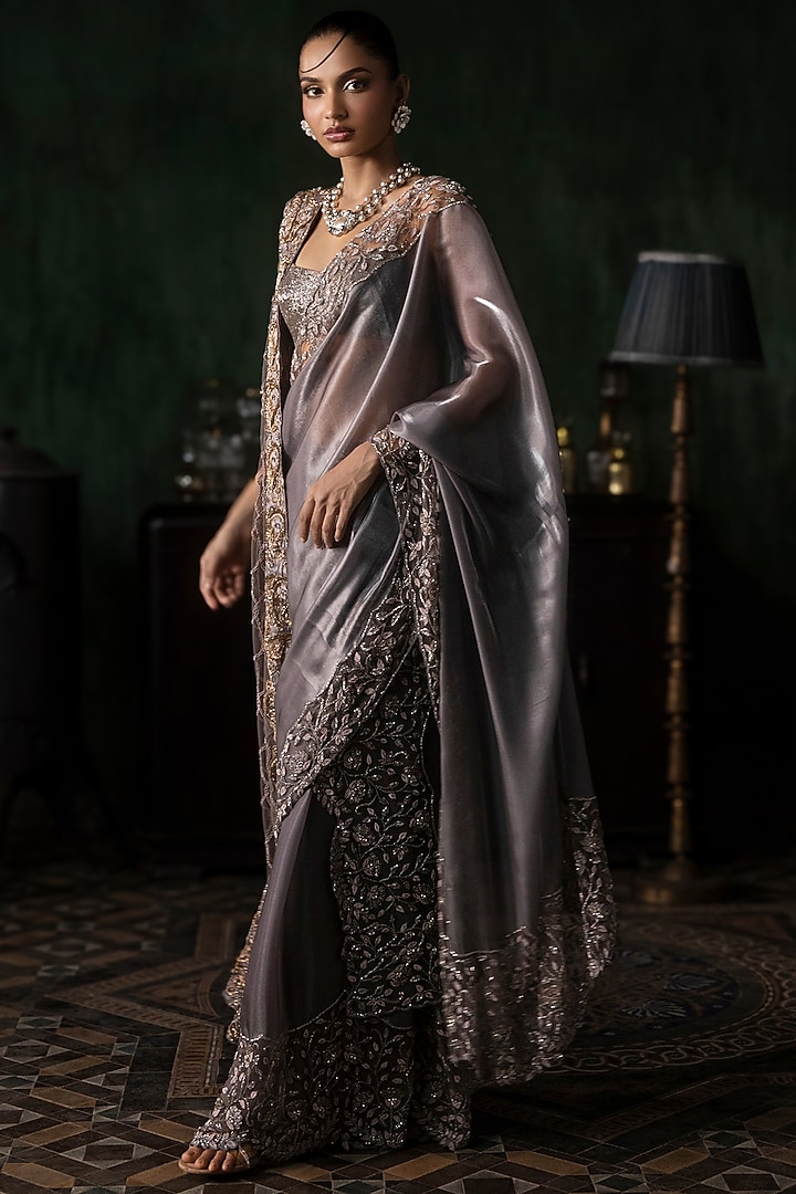 Grey Organza Sequins Embroidered Pant Bridal Saree Set by Esha Sethi Thirani at Pernia's Pop Up Shop