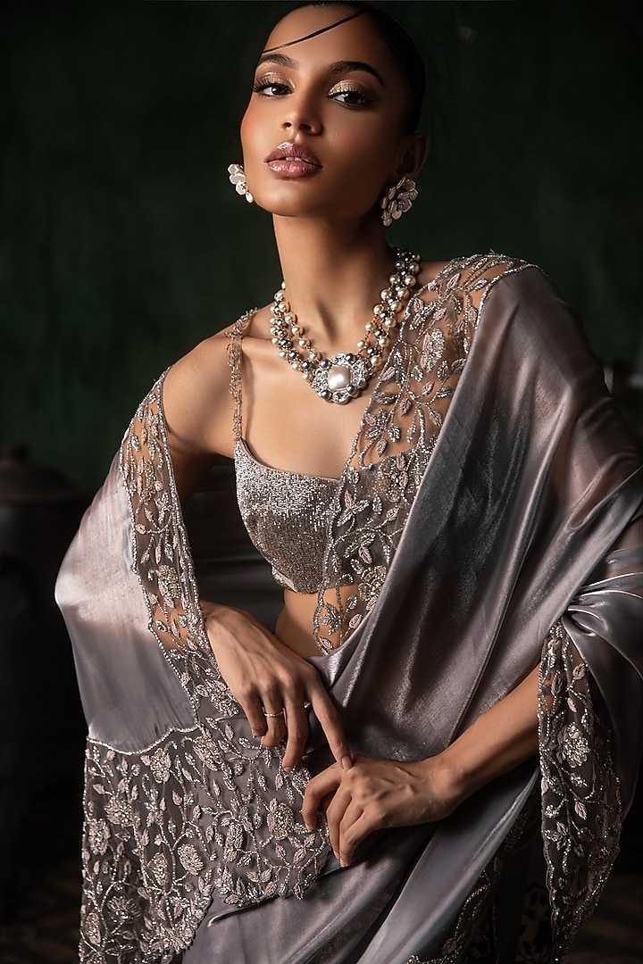 Grey Organza Sequins Embroidered Pant Bridal Saree Set by Esha Sethi Thirani at Pernia's Pop Up Shop