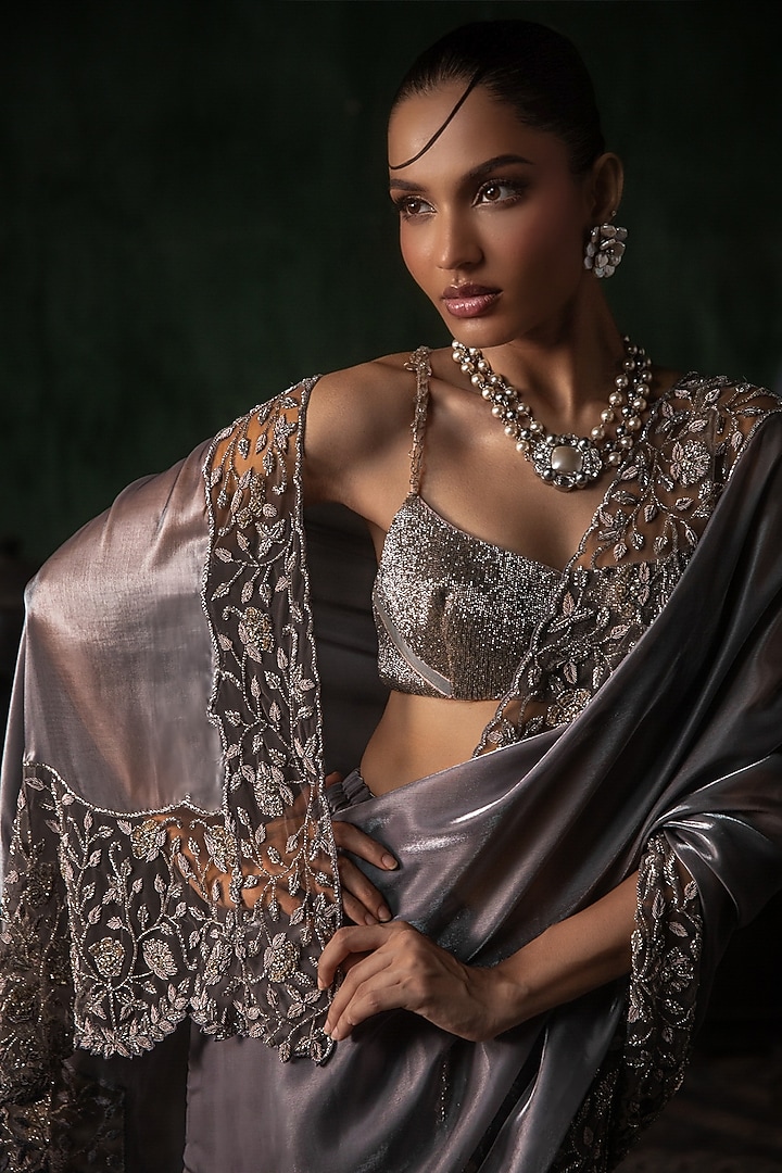 Grey Organza Sequins Embroidered Pant Bridal Saree Set by Esha Sethi Thirani at Pernia's Pop Up Shop