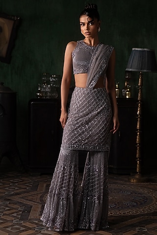 Mauve Tulle Sharara Saree Set by Esha Sethi Thirani