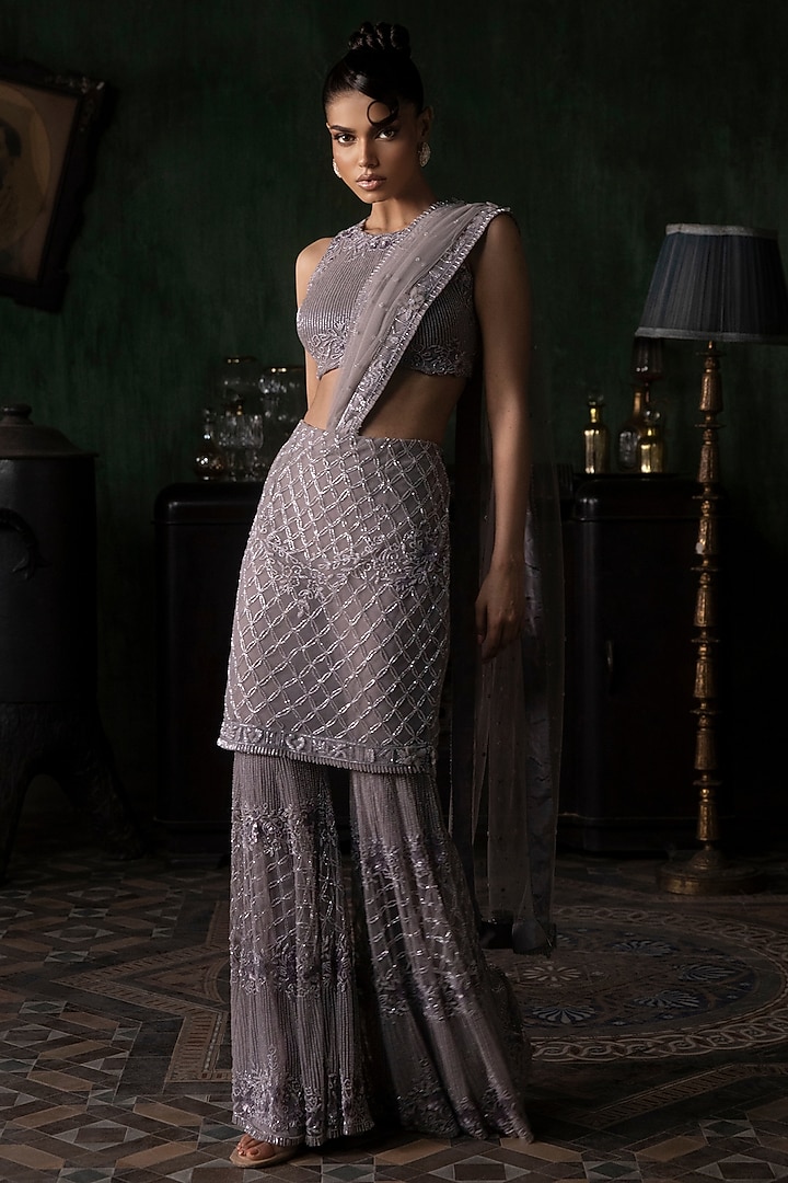 Mauve Tulle Sharara Bridal Saree Set by Esha Sethi Thirani at Pernia's Pop Up Shop