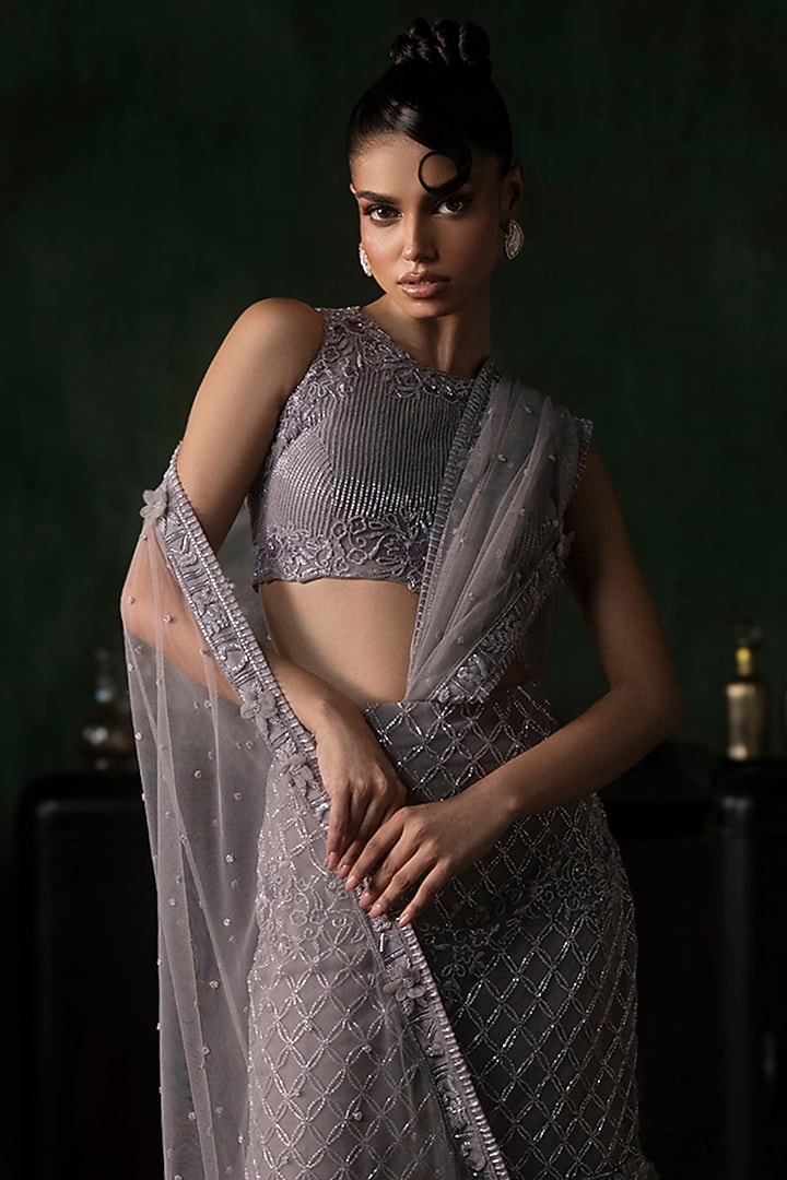 Mauve Tulle Sharara Bridal Saree Set by Esha Sethi Thirani at Pernia's Pop Up Shop
