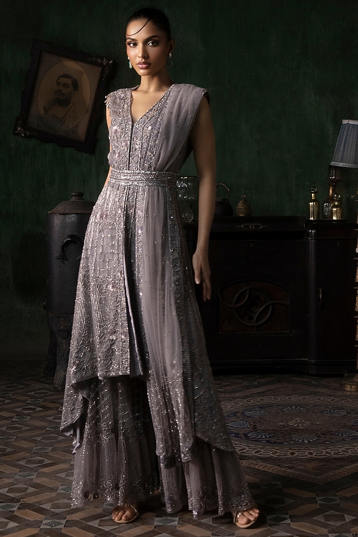 Mauve Tulle Embroidered Asymmetrical Kurta Set by Esha Sethi Thirani at Pernia's Pop Up Shop