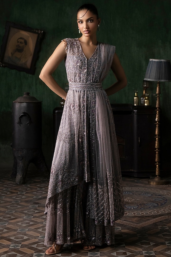Mauve Tulle Embroidered Asymmetrical Kurta Set by Esha Sethi Thirani at Pernia's Pop Up Shop
