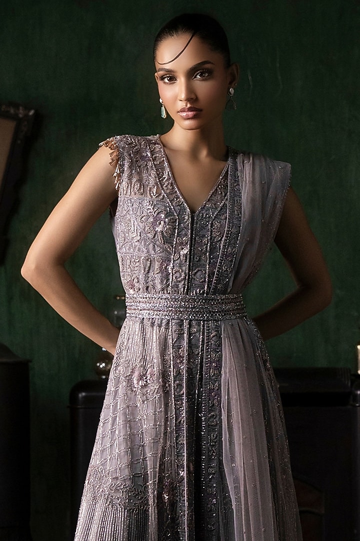 Mauve Tulle Embroidered Asymmetrical Kurta Set by Esha Sethi Thirani at Pernia's Pop Up Shop